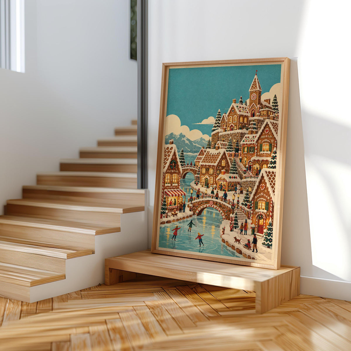 Gingerbread Christmas Village Print, Vintage Xmas Wall Art, Cozy Holiday Town Poster, Whimsical Winter Home Decor