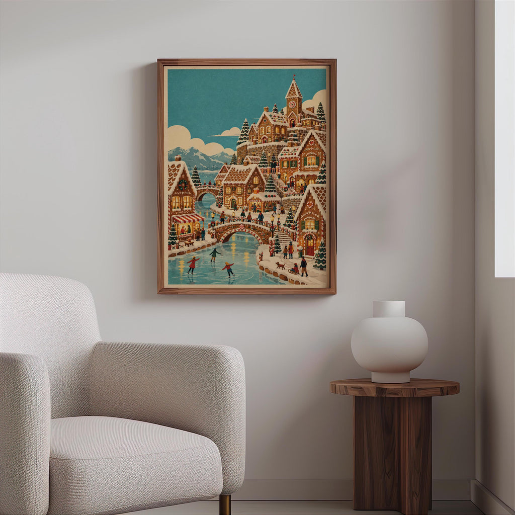Gingerbread Christmas Village Print, Vintage Xmas Wall Art, Cozy Holiday Town Poster, Whimsical Winter Home Decor