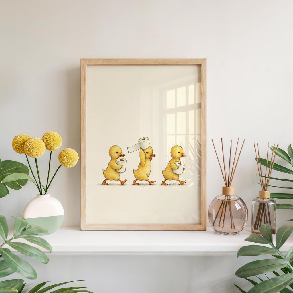 Duckling Toilet Paper Print, Funny Bathroom Wall Art, Vintage Baby Duck Illustration, Cute Guest Bathroom Decor