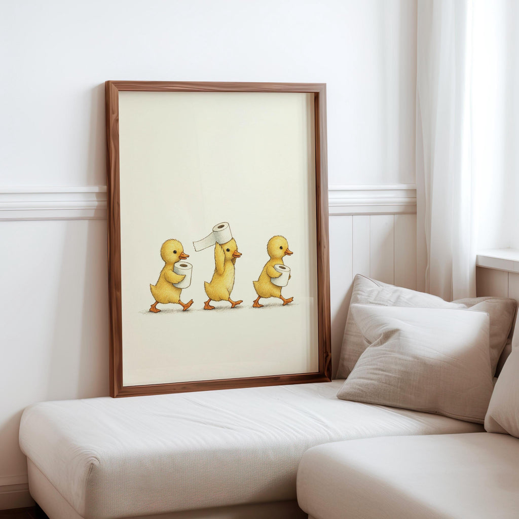 Duckling Toilet Paper Print, Funny Bathroom Wall Art, Vintage Baby Duck Illustration, Cute Guest Bathroom Decor