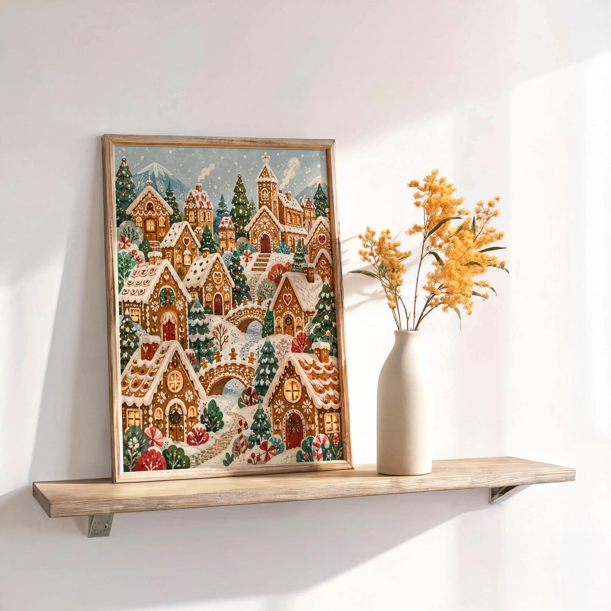 Ice skating Christmas print framed on a floating shelf, dried botanicals and soft light