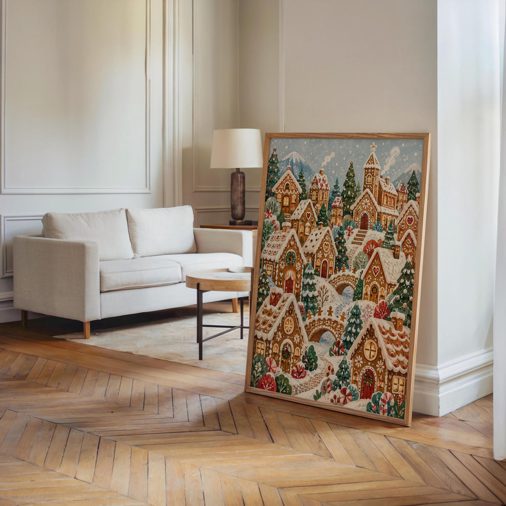 Christmas village wall art freestanding in an airy living room, sofa and classic molding
