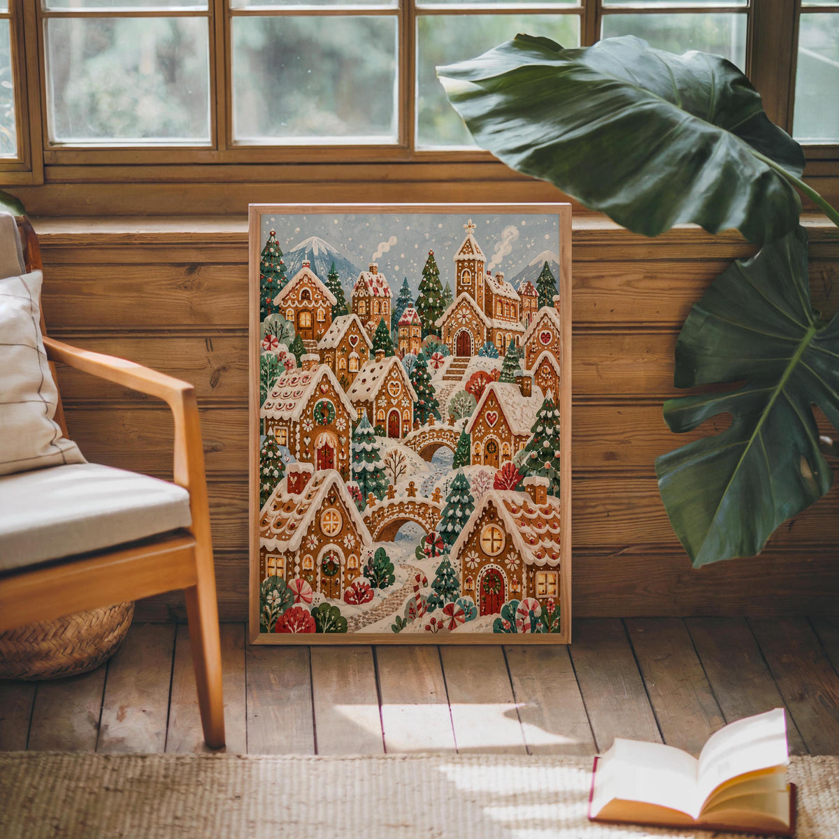 Winter village print on a wooden bench by a sunlit window, large leafy plant nearby