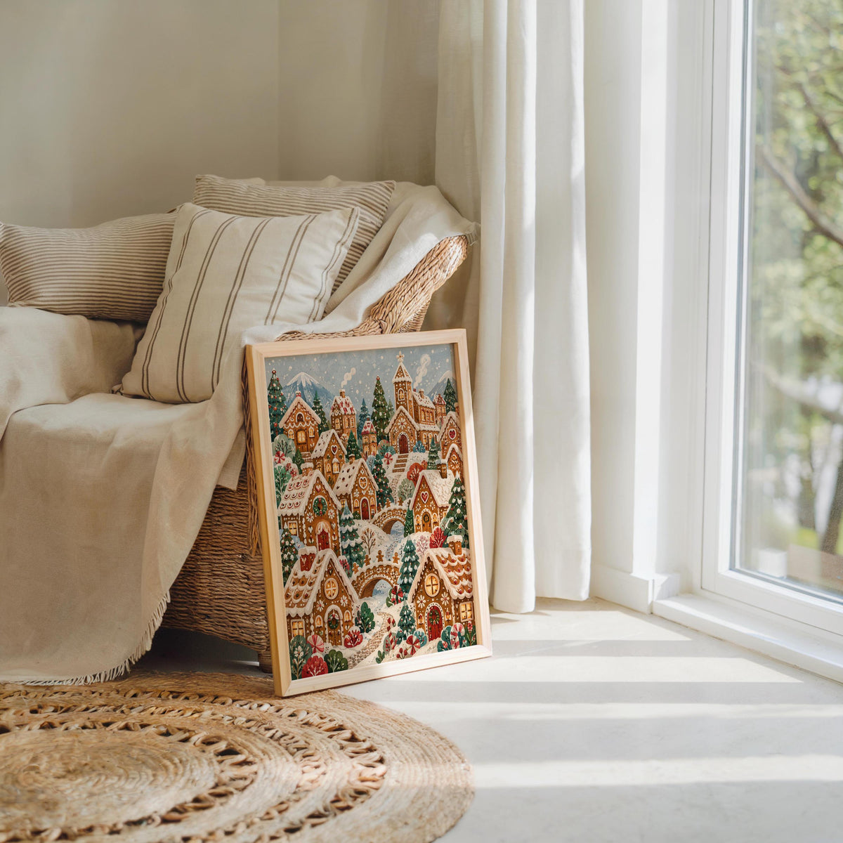Vintage Christmas wall art leaning near a plush sofa and sheer curtains, warm tones