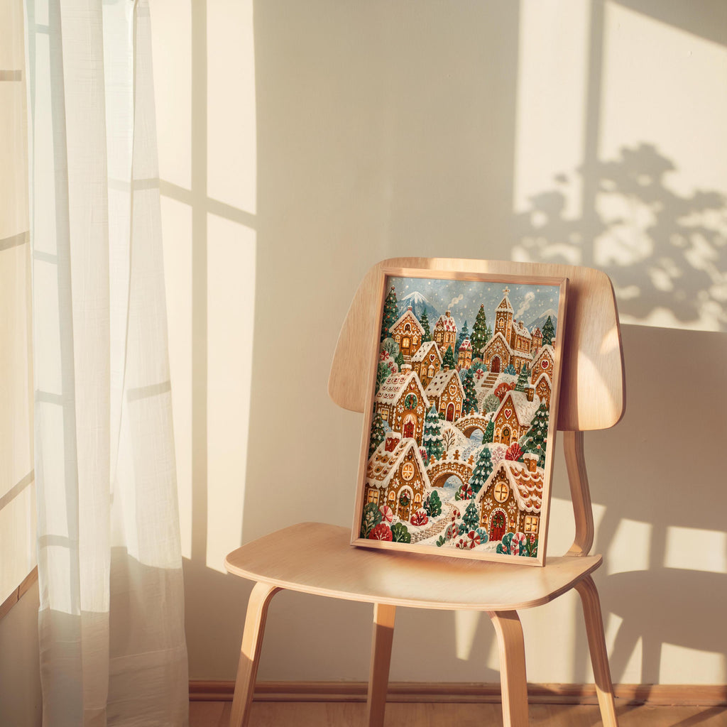 Gingerbread village wall art resting on a wooden chair, glowing golden afternoon light