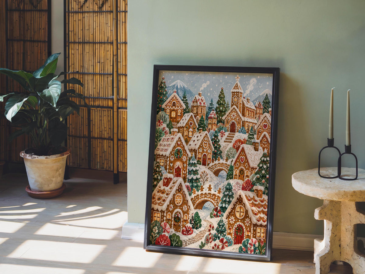 Gingerbread village wall art propped by a potted plant, warm sunlight on hardwood floor