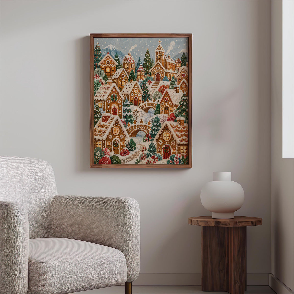 Christmas village wall art hung above a boucle chair and side table, cozy holiday decor