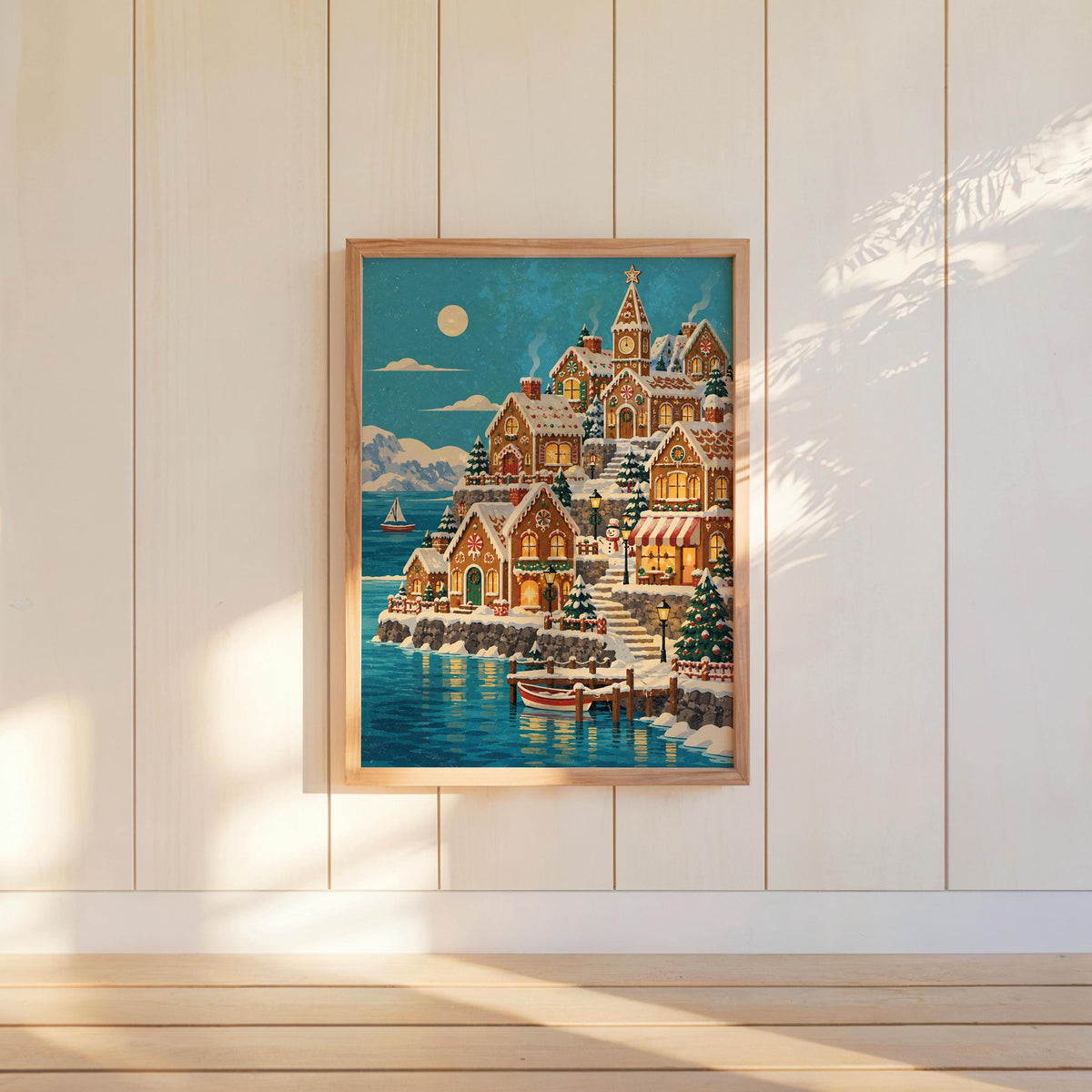 Gingerbread House Christmas Seaside Village Print, Cozy Snowy Coastal Xmas Wall Art, Holiday Village Decor, Winter Seaside Home Gift