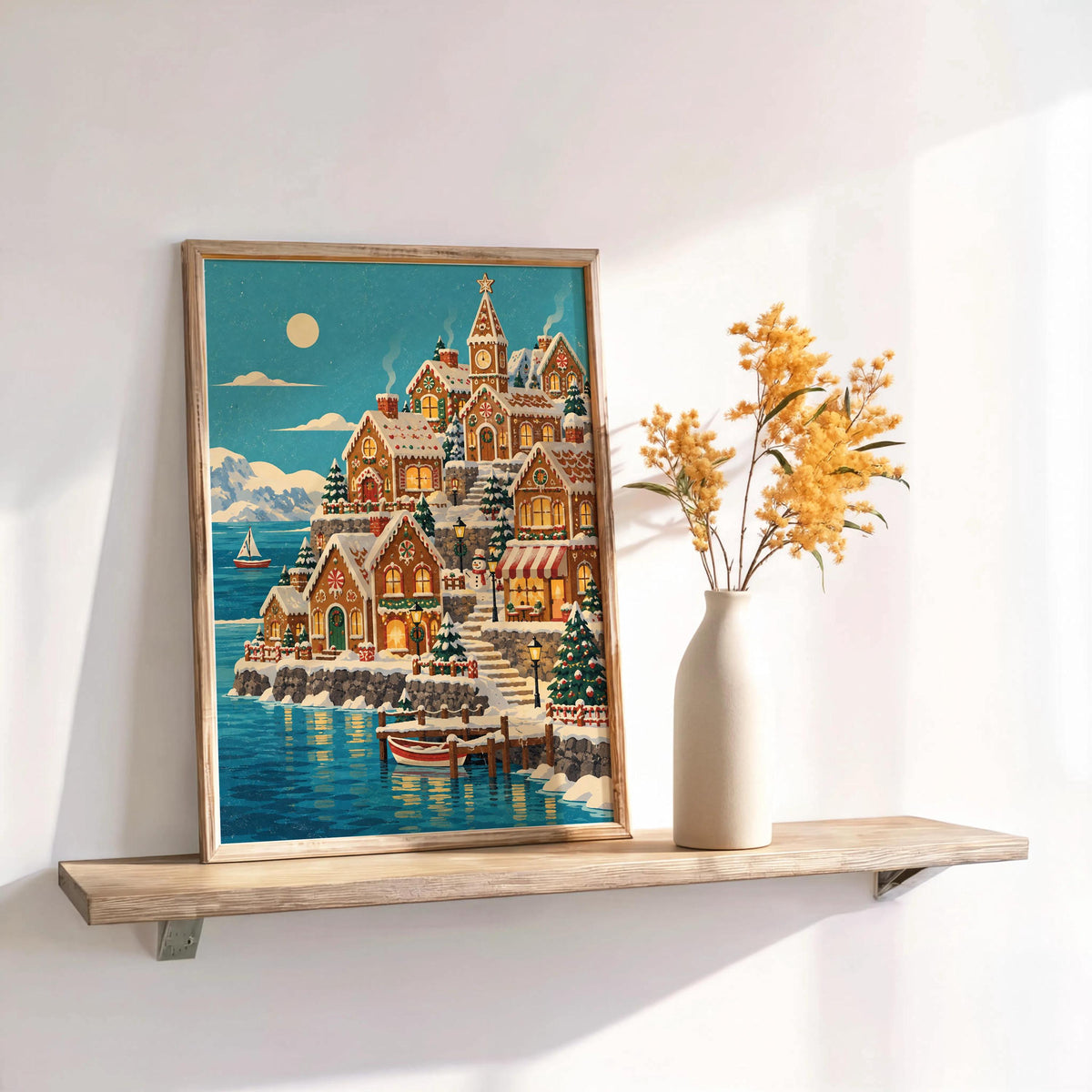 Gingerbread House Christmas Seaside Village Print, Cozy Snowy Coastal Xmas Wall Art, Holiday Village Decor, Winter Seaside Home Gift