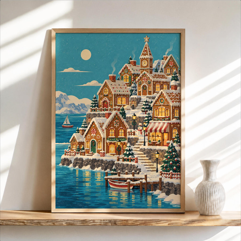 Gingerbread House Christmas Seaside Village Print, Cozy Snowy Coastal Xmas Wall Art, Holiday Village Decor, Winter Seaside Home Gift