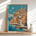 Gingerbread House Christmas Seaside Village Print, Cozy Snowy Coastal Xmas Wall Art, Holiday Village Decor, Winter Seaside Home Gift