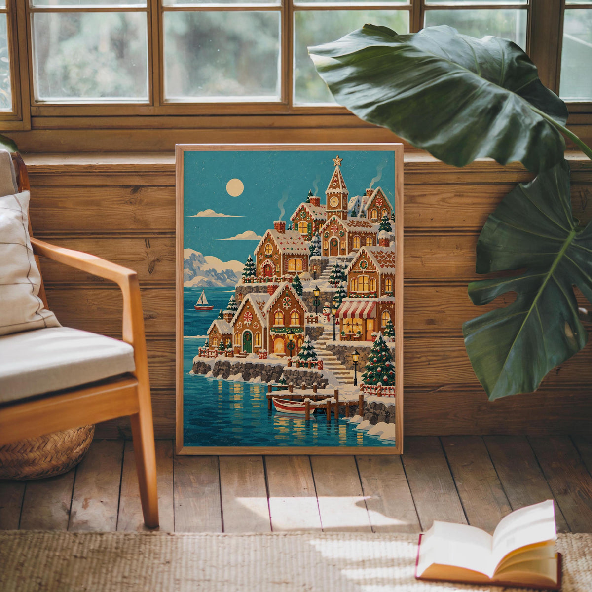 Gingerbread House Christmas Seaside Village Print, Cozy Snowy Coastal Xmas Wall Art, Holiday Village Decor, Winter Seaside Home Gift