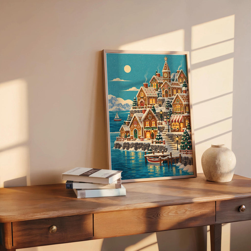 Gingerbread House Christmas Seaside Village Print, Cozy Snowy Coastal Xmas Wall Art, Holiday Village Decor, Winter Seaside Home Gift