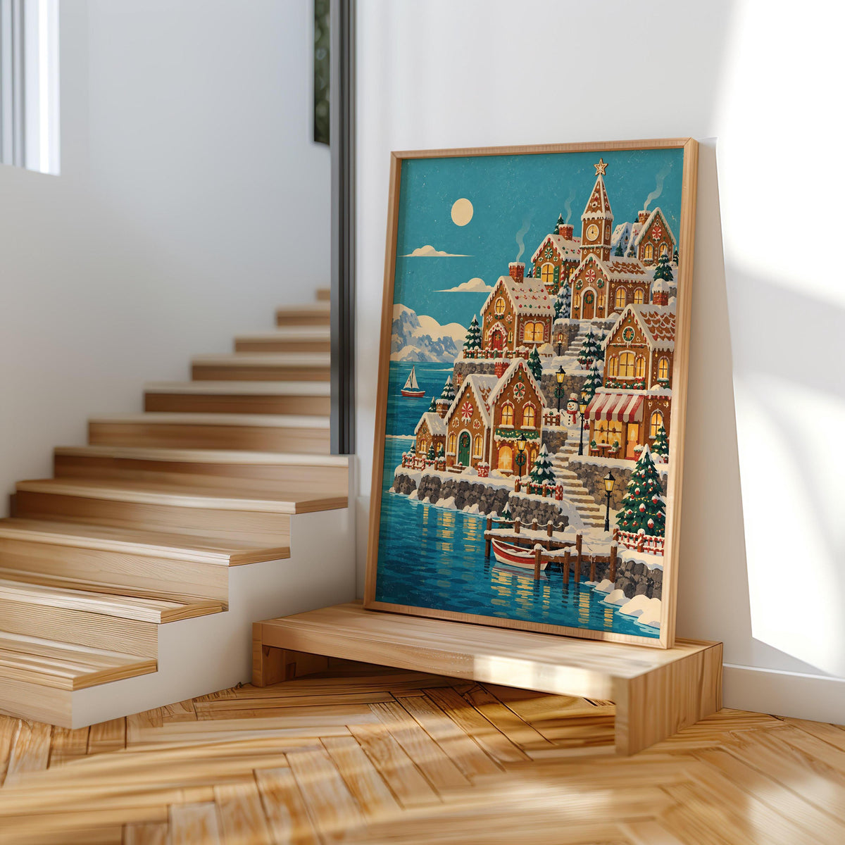 Gingerbread House Christmas Seaside Village Print, Cozy Snowy Coastal Xmas Wall Art, Holiday Village Decor, Winter Seaside Home Gift