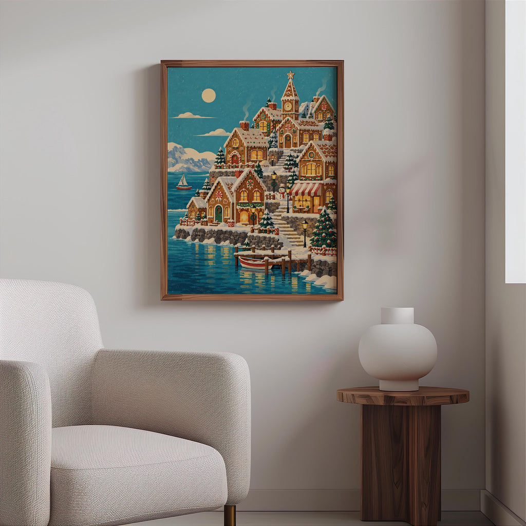 Gingerbread House Christmas Seaside Village Print, Cozy Snowy Coastal Xmas Wall Art, Holiday Village Decor, Winter Seaside Home Gift