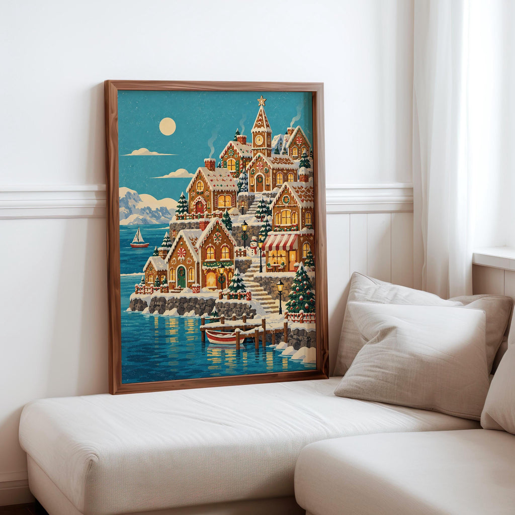 Gingerbread House Christmas Seaside Village Print, Cozy Snowy Coastal Xmas Wall Art, Holiday Village Decor, Winter Seaside Home Gift