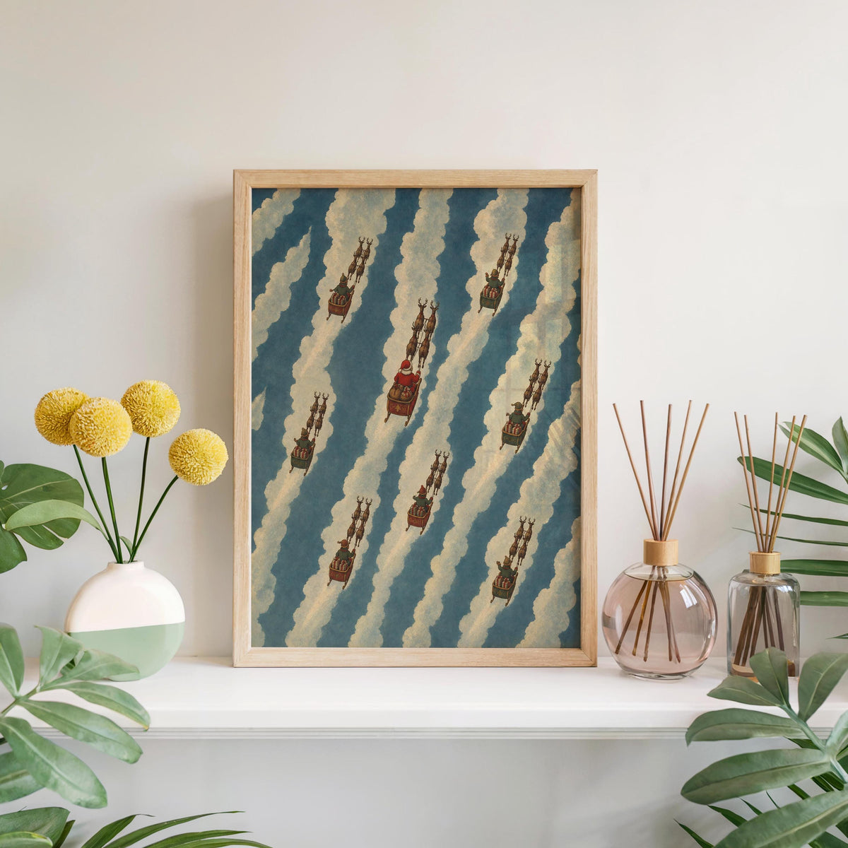 Striped Reindeer Christmas Wall Art, Santa Christmas Decor, Cloud Pattern Poster, Xmas Holiday Interior, Festive Seasonal Print