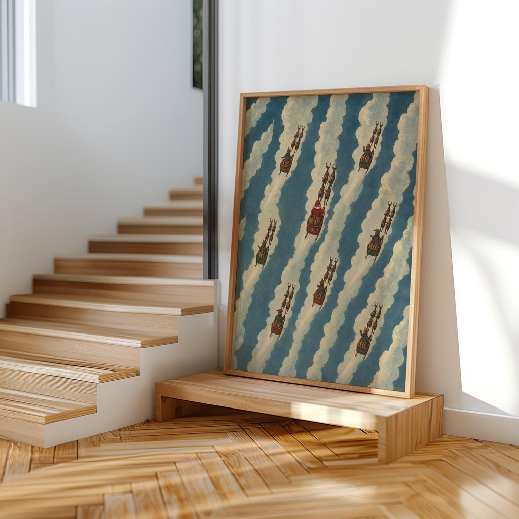 Striped Reindeer Christmas Wall Art, Santa Christmas Decor, Cloud Pattern Poster, Xmas Holiday Interior, Festive Seasonal Print