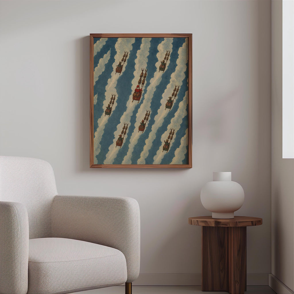 Striped Reindeer Christmas Wall Art, Santa Christmas Decor, Cloud Pattern Poster, Xmas Holiday Interior, Festive Seasonal Print