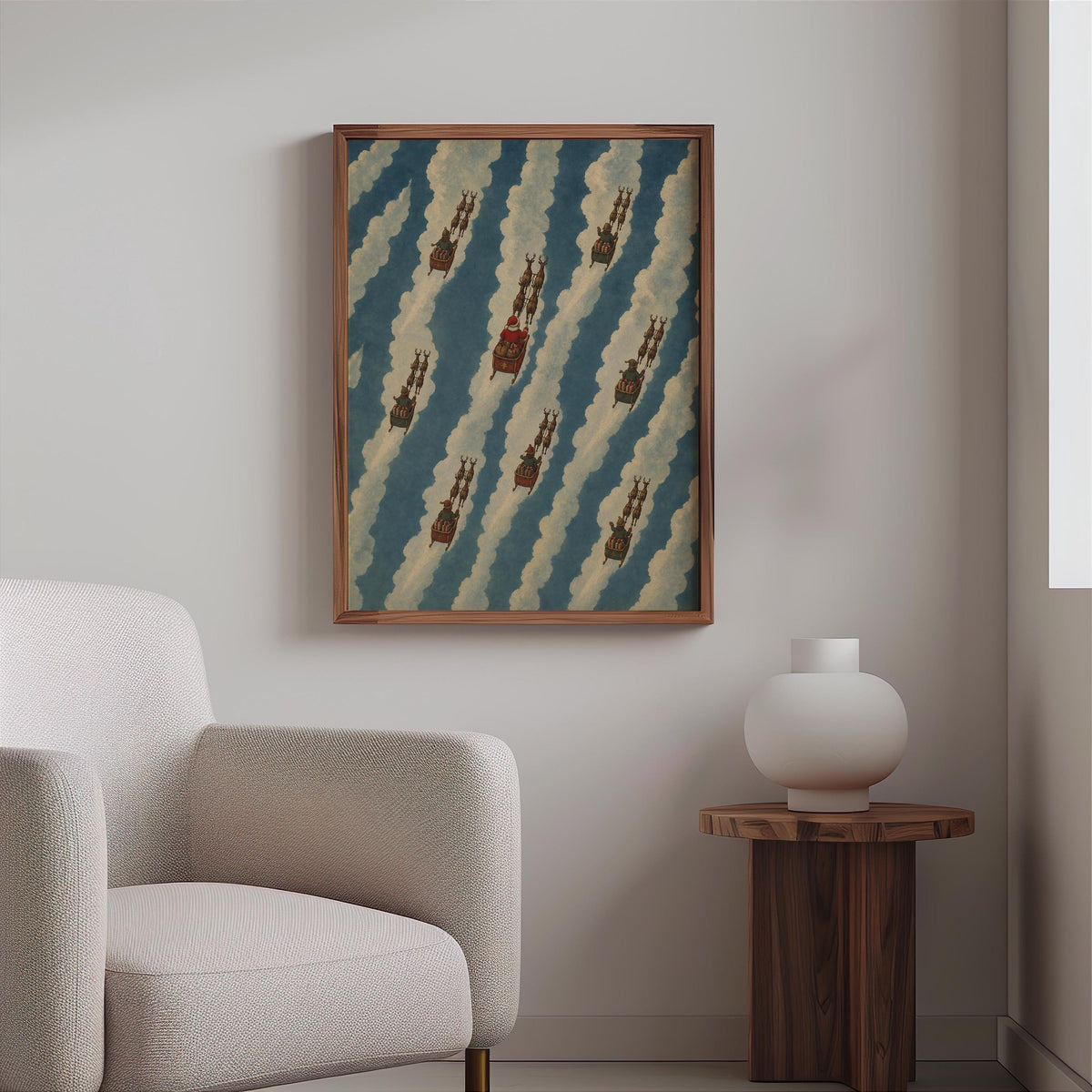 Striped Reindeer Christmas Wall Art, Santa Christmas Decor, Cloud Pattern Poster, Xmas Holiday Interior, Festive Seasonal Print