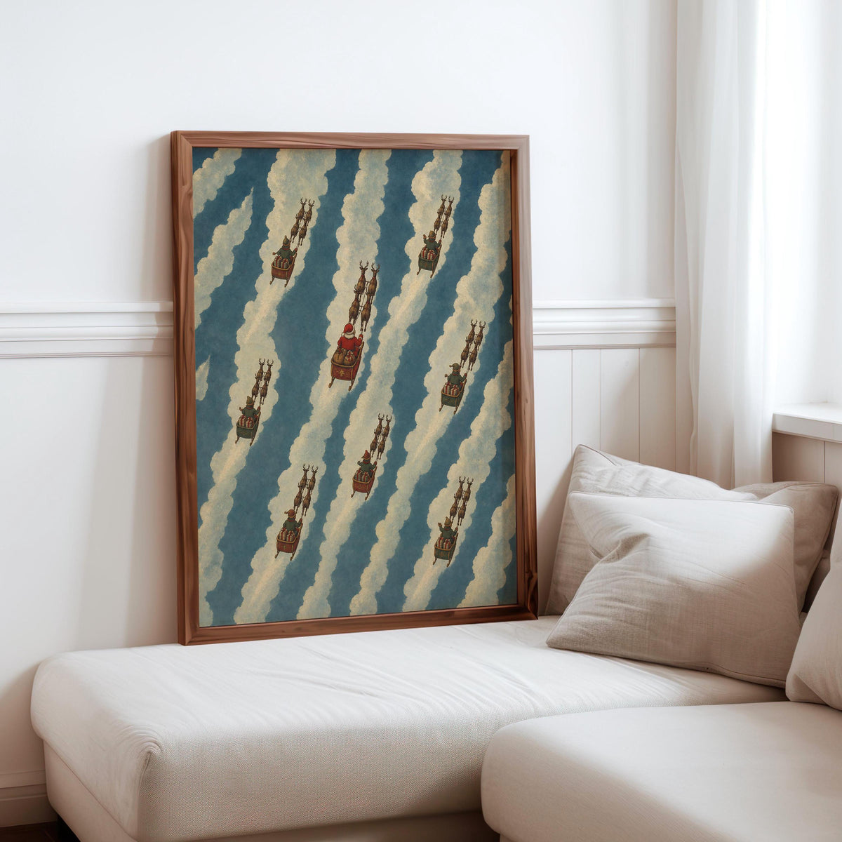 Striped Reindeer Christmas Wall Art, Santa Christmas Decor, Cloud Pattern Poster, Xmas Holiday Interior, Festive Seasonal Print