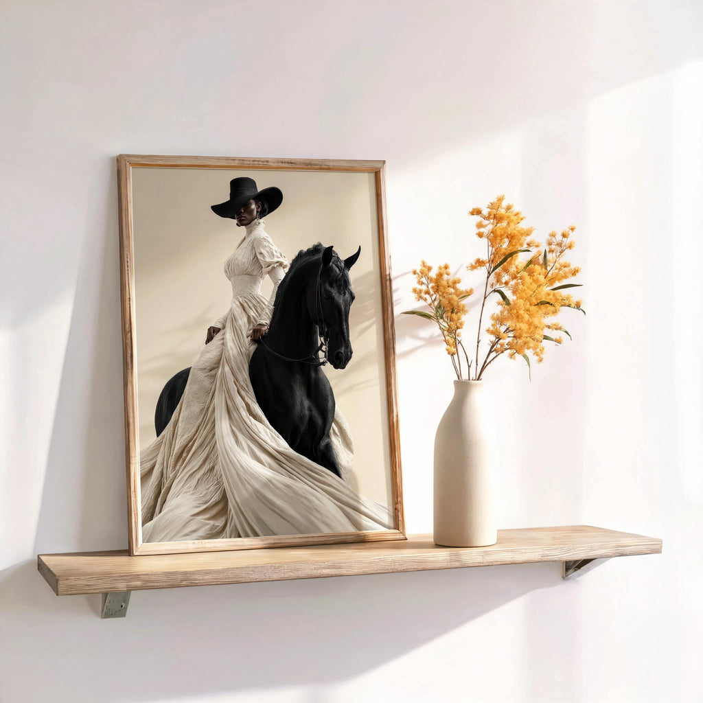 Afrocentric Horse Rider Wall Art, Black Woman Equestrian Fashion Print, Minimalist Girly fine Art, Chic African American Statement Decor