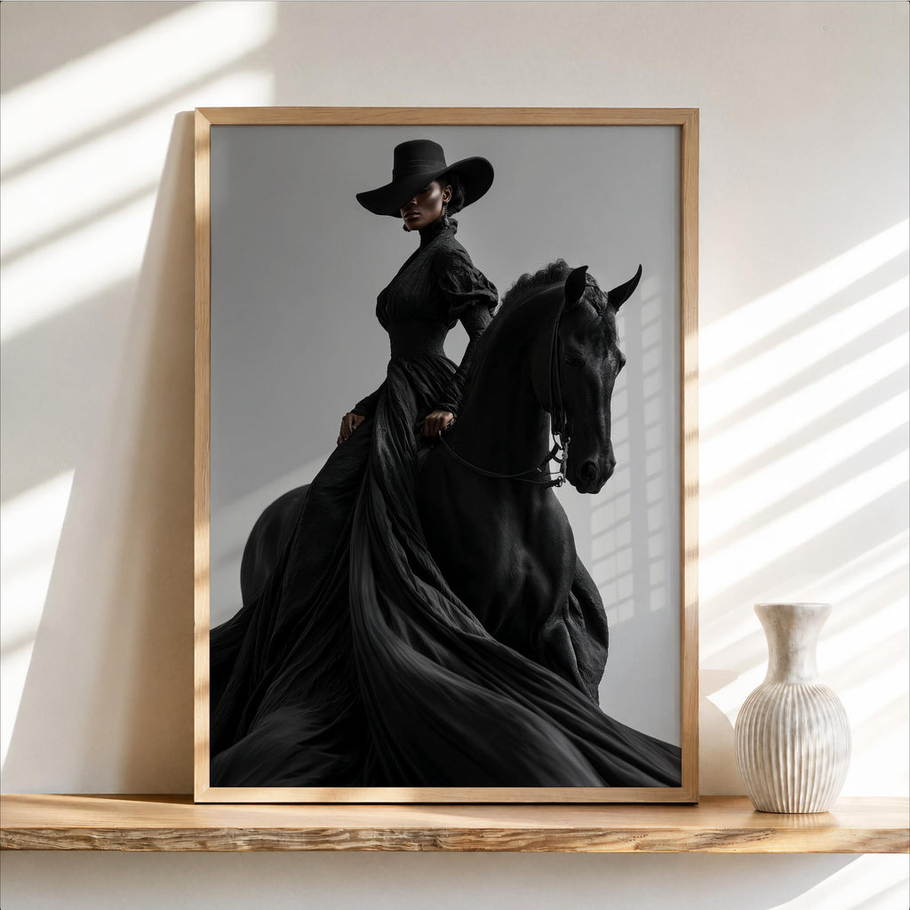 Afrocentric Horse Rider Wall Art, Black Woman Equestrian Fashion Print, Minimalist Girly fine Art, Chic African American Statement Decor