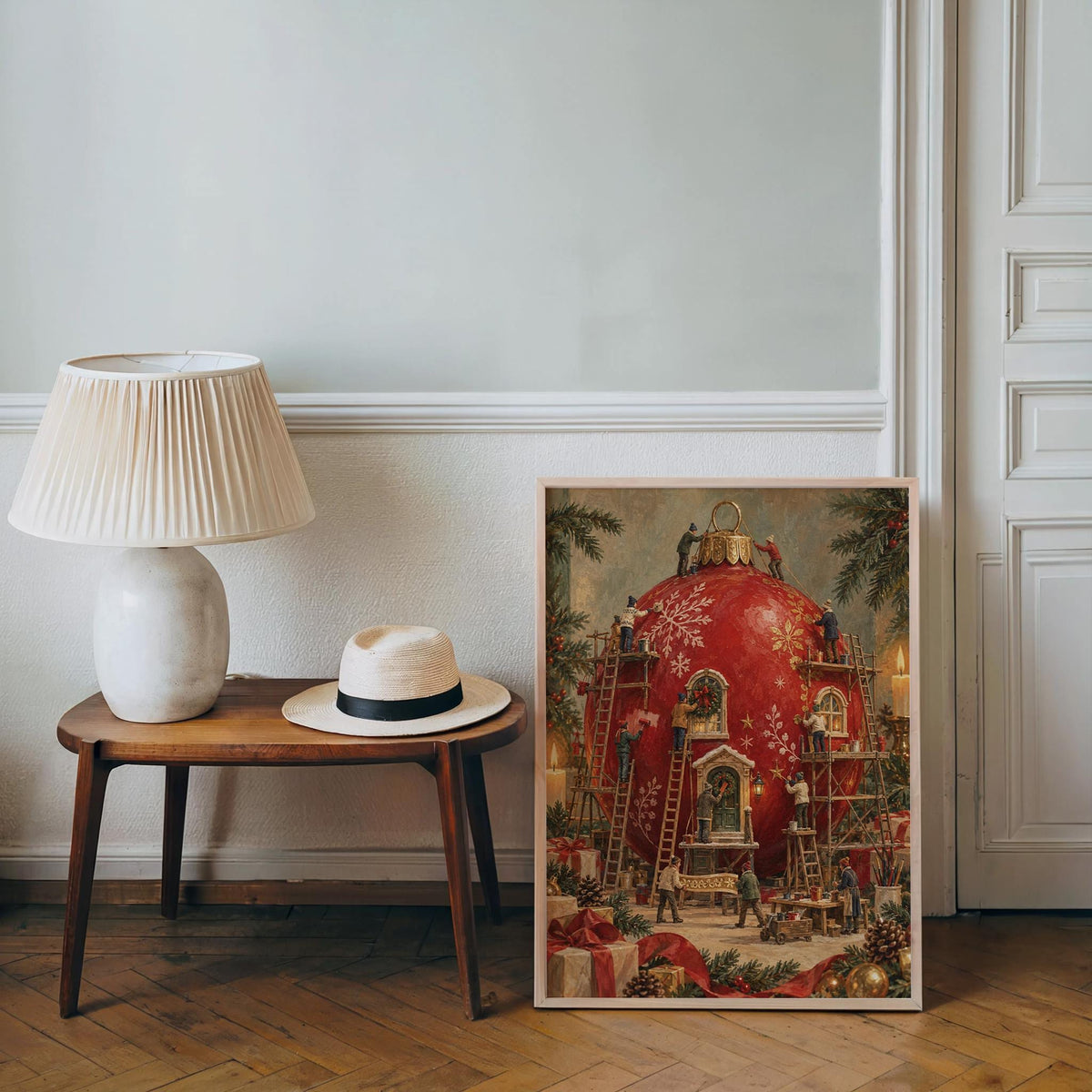Tiny Workers Red Christmas Bauble Print, Miniature People Decorating Giant Ornament, Vintage Holiday Storybook Wall Decor