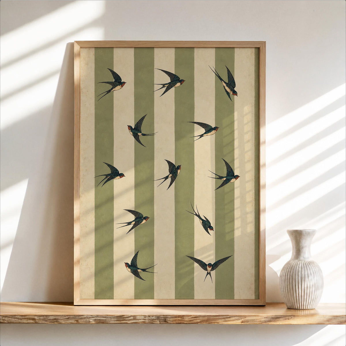 Vintage Swallow Bird Print, Retro Stripez Poster, Green Striped Wall Art, Ornithology Decor, Cottagecore Nature Gift