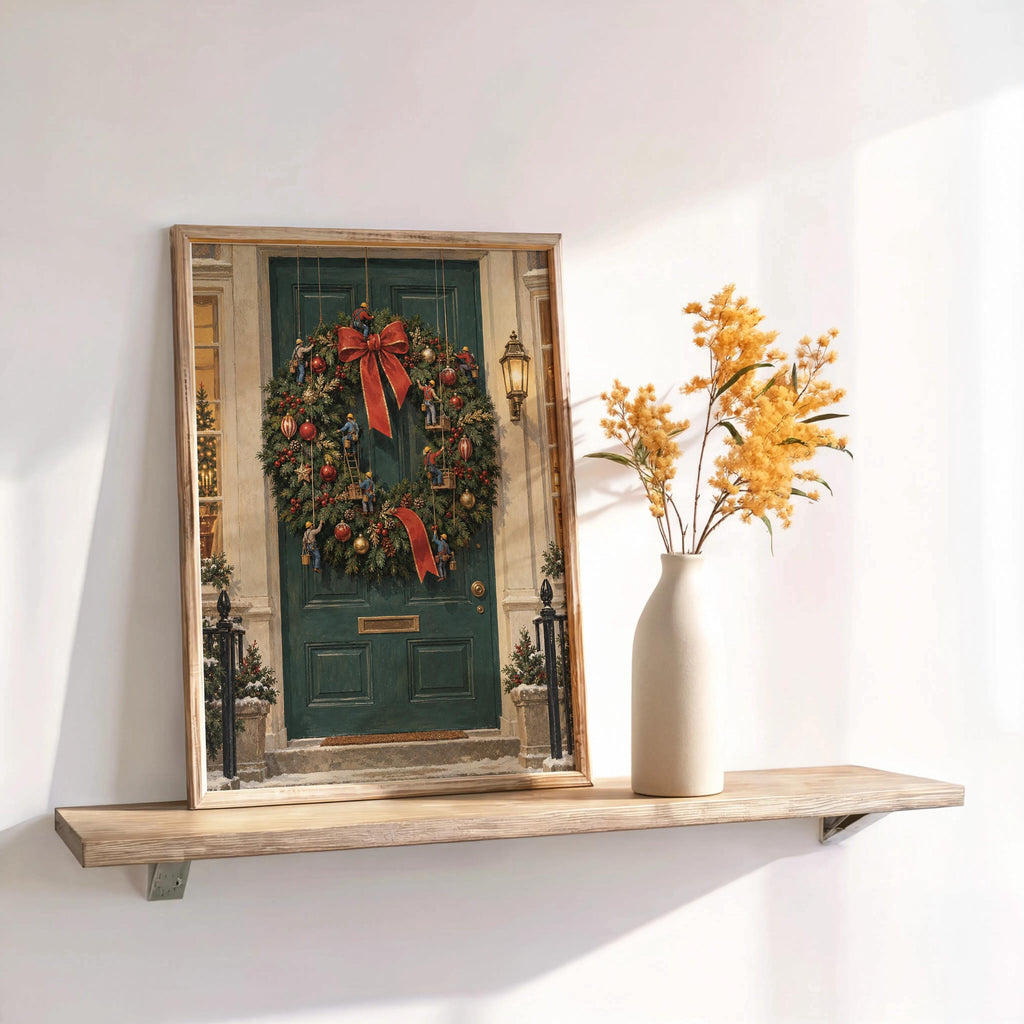 Tiny Workers Decorating Festive Wreath, Christmas Wreath Door Print, Whimsical Holiday Wall Art, Xmas Entryway Decor Gift