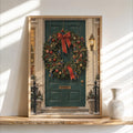 Tiny Workers Decorating Festive Wreath, Christmas Wreath Door Print, Whimsical Holiday Wall Art, Xmas Entryway Decor Gift