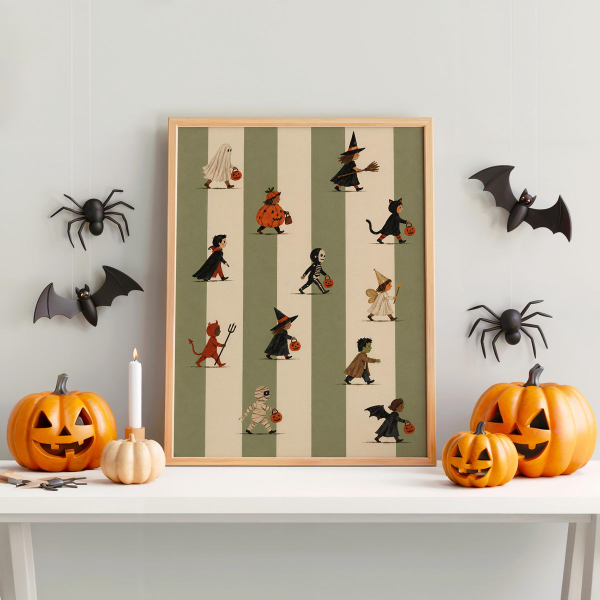 Halloween Trick Or Treat Print, Cute Kids Costume Parade Wall Art, Striped Vintage Autumn Poster, Spooky Halloween Fall Decor