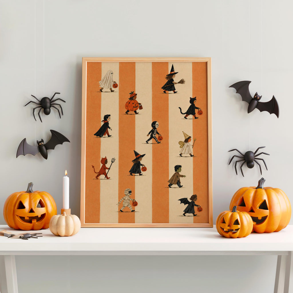 Halloween Trick Or Treat Print, Cute Kids Costume Parade Wall Art, Striped Vintage Autumn Poster, Spooky Halloween Fall Decor