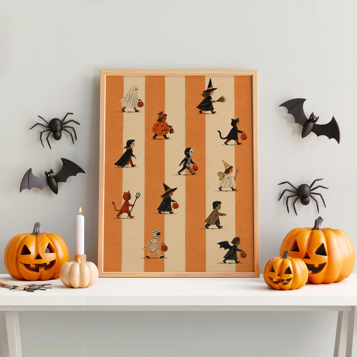 Halloween Trick Or Treat Print, Cute Kids Costume Parade Wall Art, Striped Vintage Autumn Poster, Spooky Halloween Fall Decor