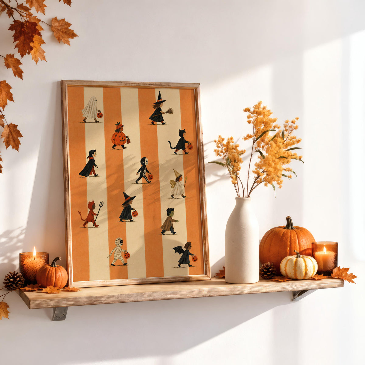 Halloween Trick Or Treat Print, Cute Kids Costume Parade Wall Art, Striped Vintage Autumn Poster, Spooky Halloween Fall Decor