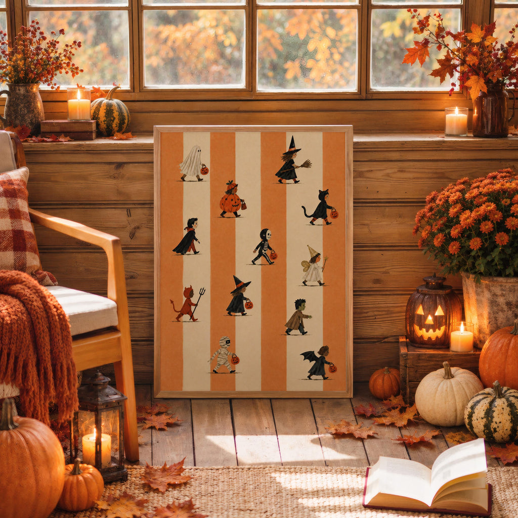 Halloween Trick Or Treat Print, Cute Kids Costume Parade Wall Art, Striped Vintage Autumn Poster, Spooky Halloween Fall Decor