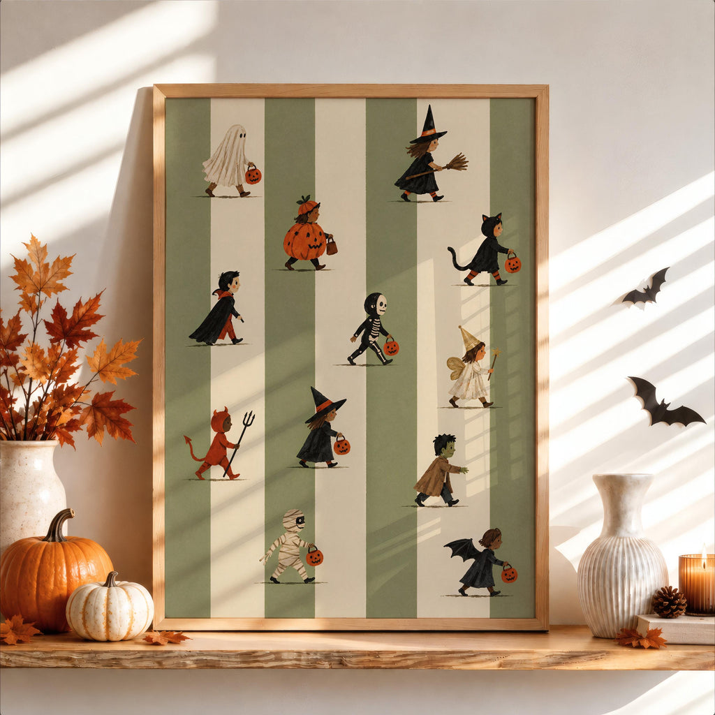 Halloween Trick Or Treat Print, Cute Kids Costume Parade Wall Art, Striped Vintage Autumn Poster, Spooky Halloween Fall Decor