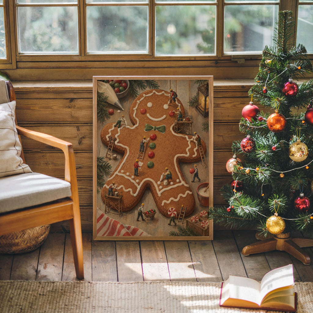 Gingerbread Man Christmas Print, Tiny Workers People Decorating Cookie, Funny Festive Holiday Wall Art, Whimsical Kitchen Dining Room Decor