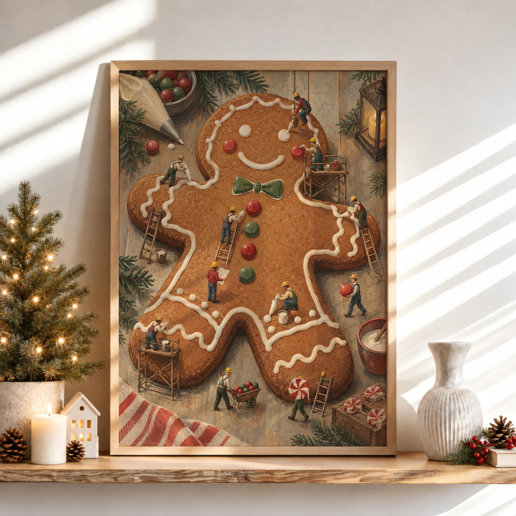 Gingerbread Man Christmas Print, Tiny Workers People Decorating Cookie, Funny Festive Holiday Wall Art, Whimsical Kitchen Dining Room Decor