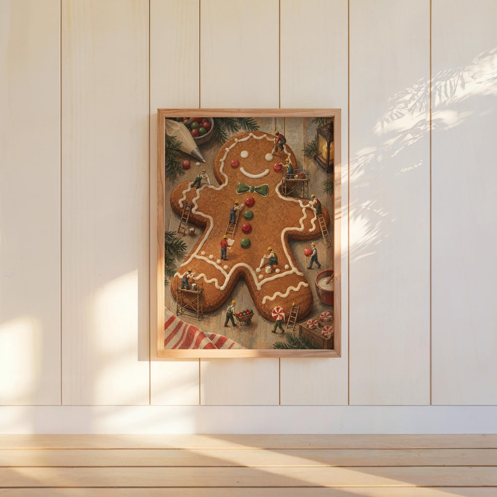 Gingerbread Man Christmas Print, Tiny Workers People Decorating Cookie, Funny Festive Holiday Wall Art, Whimsical Kitchen Dining Room Decor