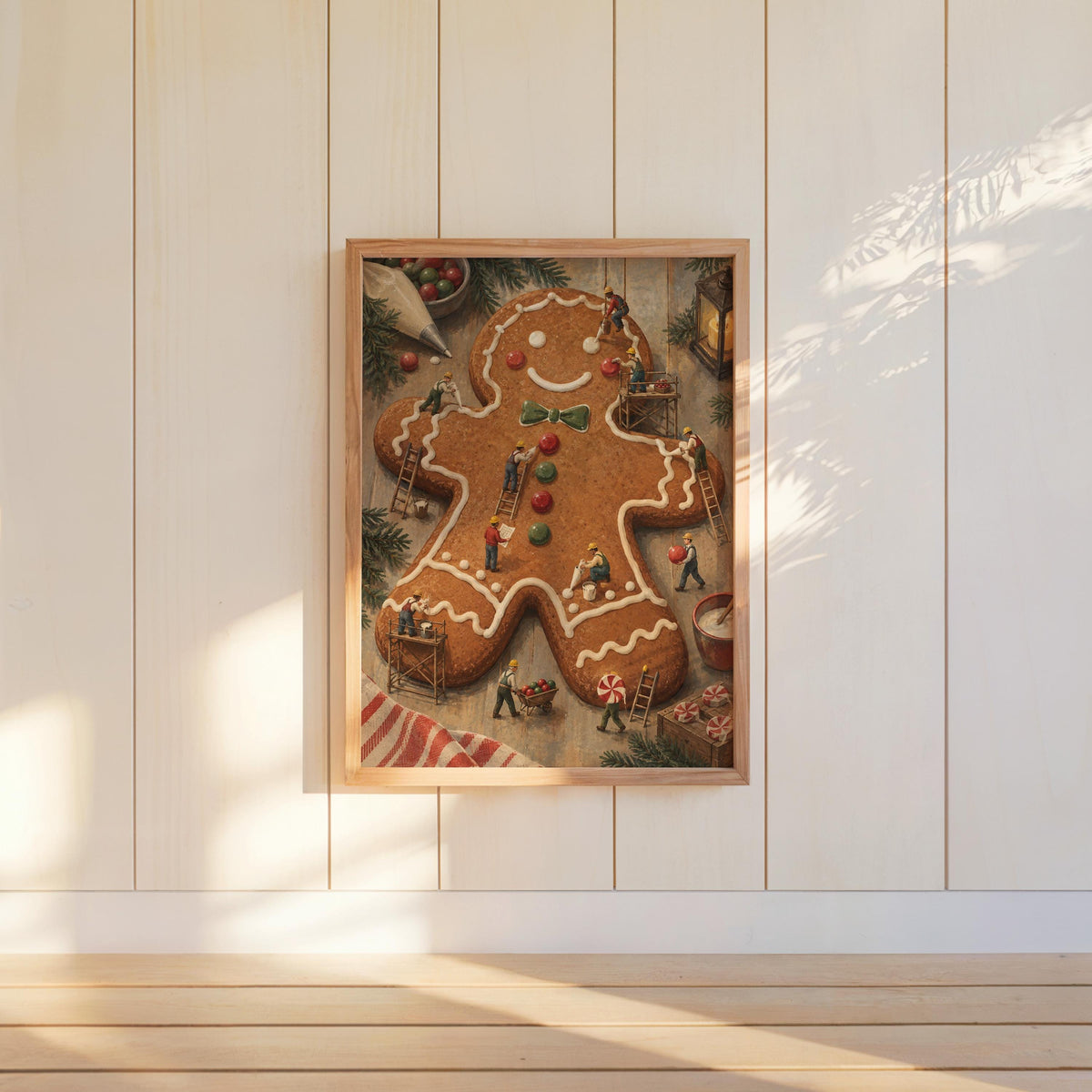 Gingerbread Man Christmas Print, Tiny Workers People Decorating Cookie, Funny Festive Holiday Wall Art, Whimsical Kitchen Dining Room Decor