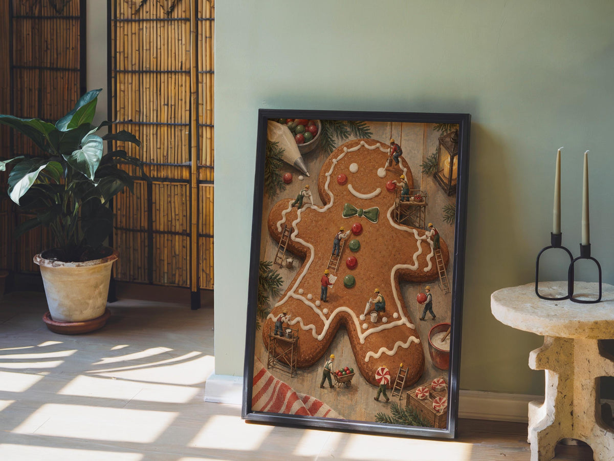 Gingerbread Man Christmas Print, Tiny Workers People Decorating Cookie, Funny Festive Holiday Wall Art, Whimsical Kitchen Dining Room Decor
