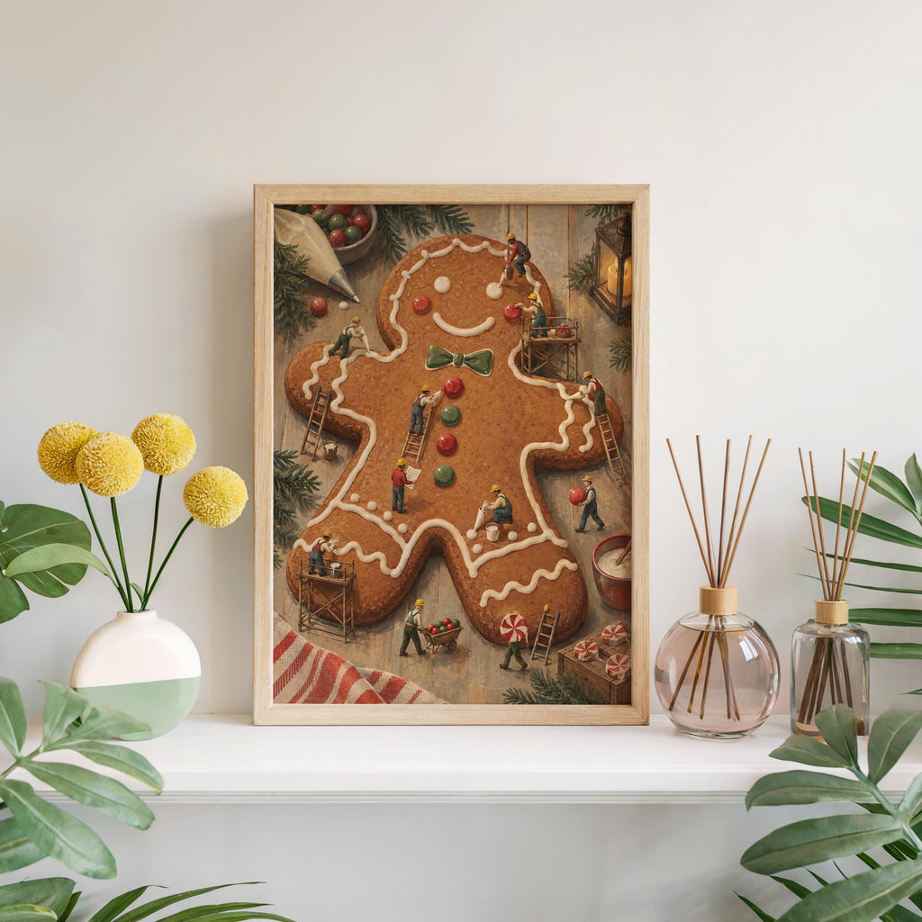Gingerbread Man Christmas Print, Tiny Workers People Decorating Cookie, Funny Festive Holiday Wall Art, Whimsical Kitchen Dining Room Decor