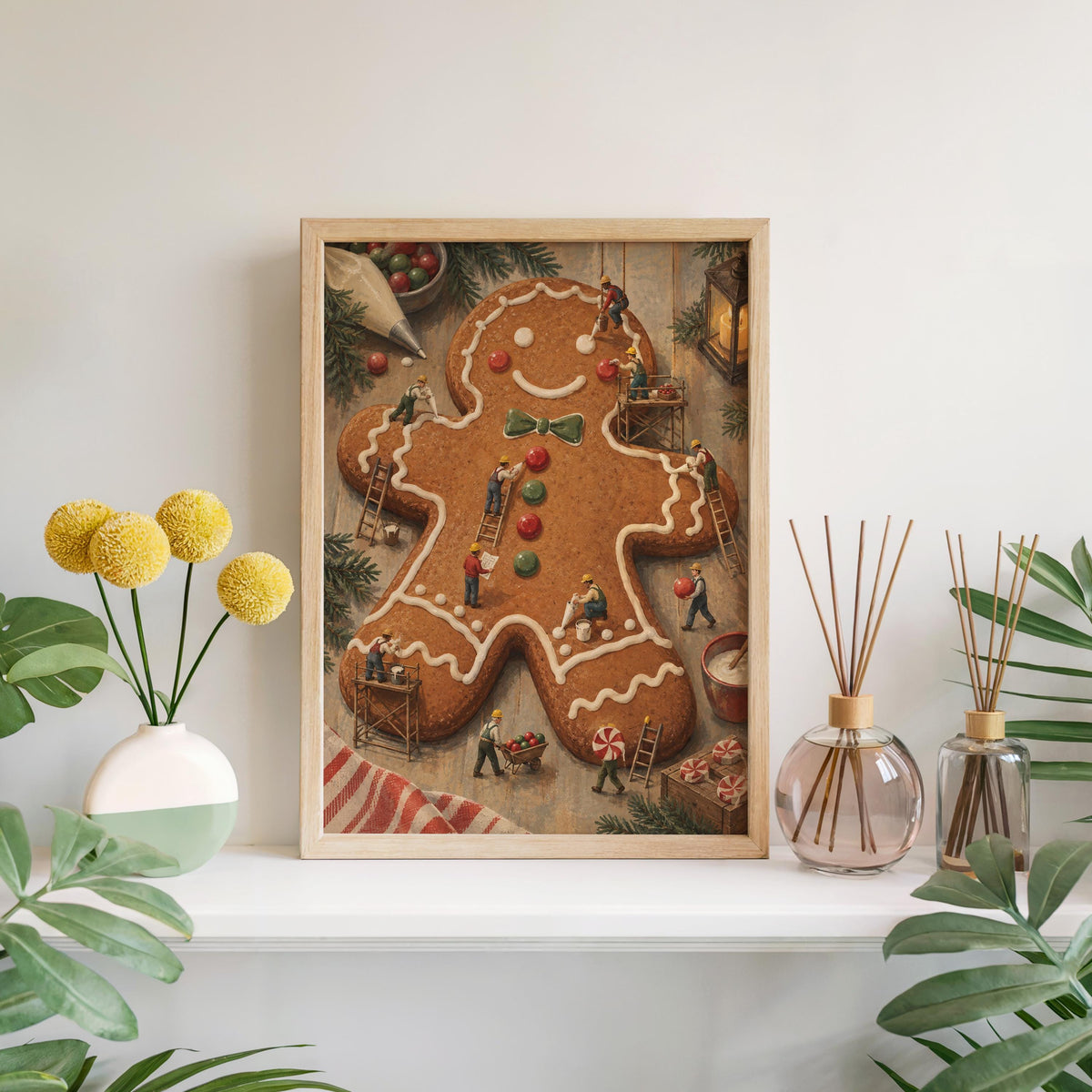 Gingerbread Man Christmas Print, Tiny Workers People Decorating Cookie, Funny Festive Holiday Wall Art, Whimsical Kitchen Dining Room Decor