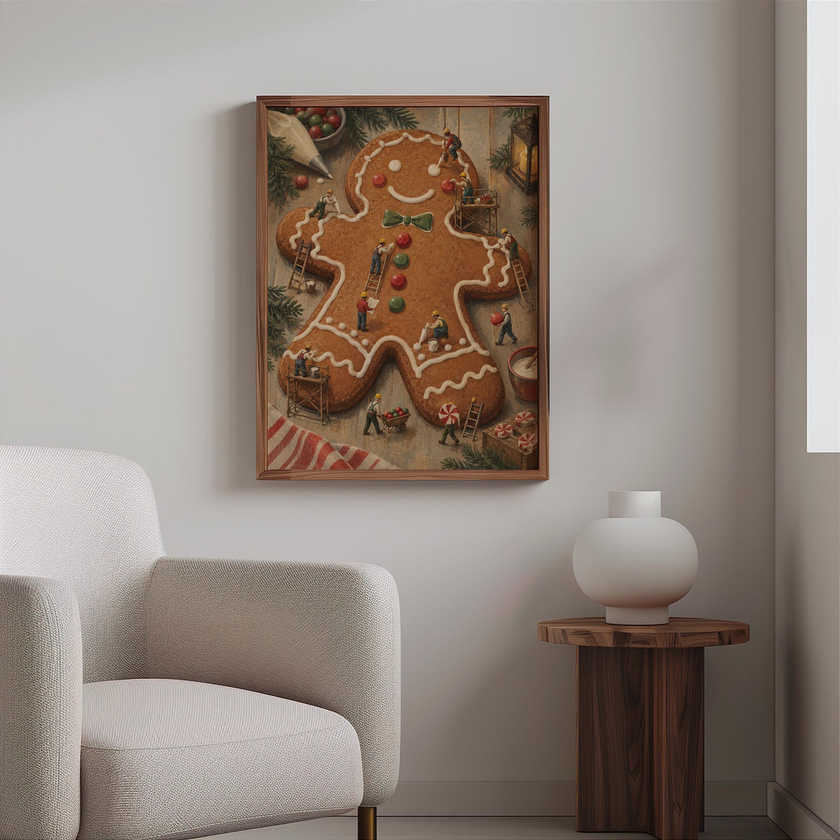 Gingerbread Man Christmas Print, Tiny Workers People Decorating Cookie, Funny Festive Holiday Wall Art, Whimsical Kitchen Dining Room Decor