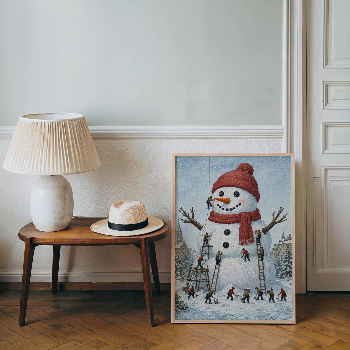 Miniature People Building Giant Snowman Christmas Wall Art, Storybook Xmas Decor, Tiny Workers Holiday Wall Art, Baker Foodie Kitchen Gift