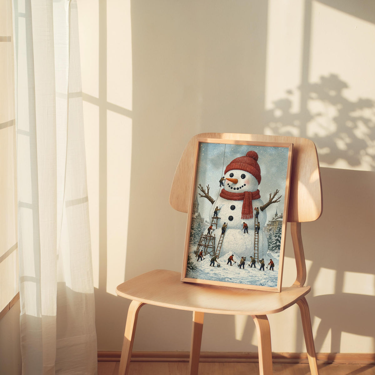 Miniature People Building Giant Snowman Christmas Wall Art, Storybook Xmas Decor, Tiny Workers Holiday Wall Art, Baker Foodie Kitchen Gift