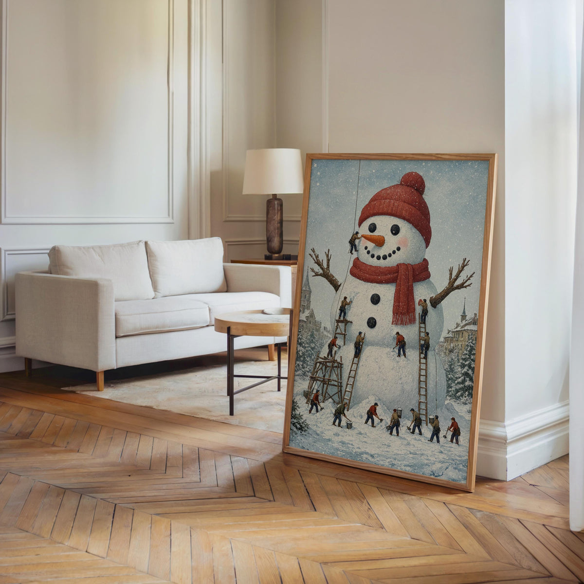 Miniature People Building Giant Snowman Christmas Wall Art, Storybook Xmas Decor, Tiny Workers Holiday Wall Art, Baker Foodie Kitchen Gift