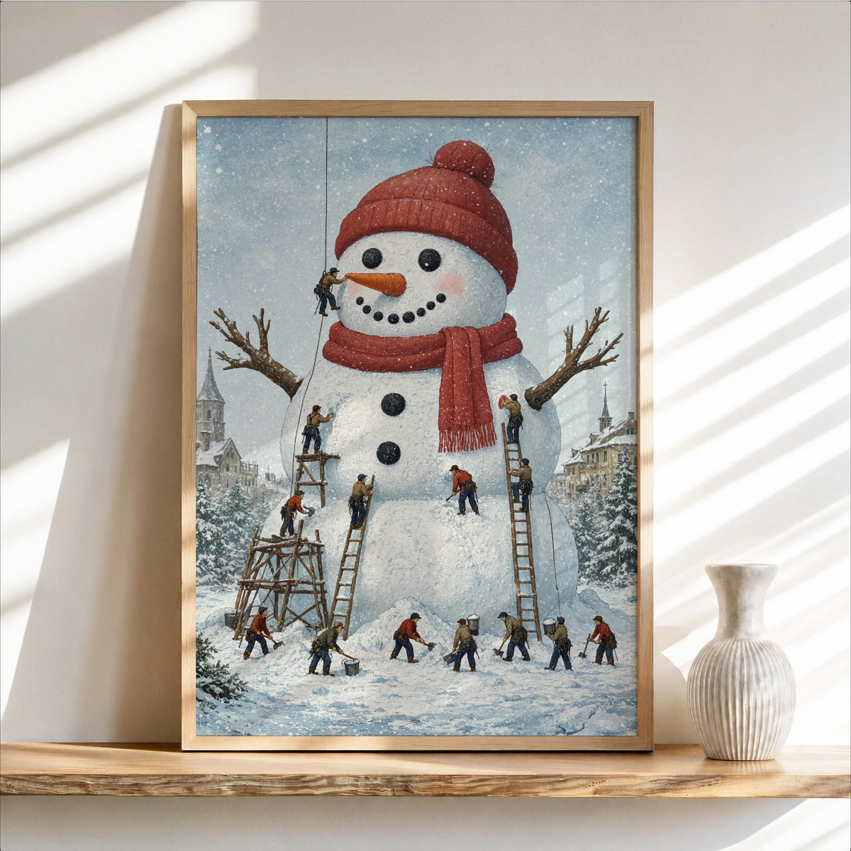 Miniature People Building Giant Snowman Christmas Wall Art, Storybook Xmas Decor, Tiny Workers Holiday Wall Art, Baker Foodie Kitchen Gift