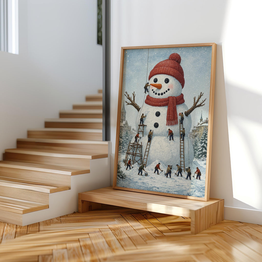 Miniature People Building Giant Snowman Christmas Wall Art, Storybook Xmas Decor, Tiny Workers Holiday Wall Art, Baker Foodie Kitchen Gift